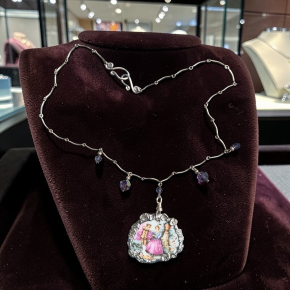 Alma Antigua Jewelry - Broken China Hand-Painted Porcelain Fragonard Cameo w/ Sterling Silver Necklace
